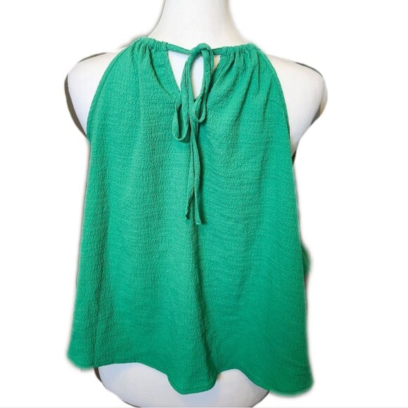 5/$55 Shein Green Tie Neck Halter Blouse With Ruffle, Cropped, Hi Lo, L - Picture 3 of 6